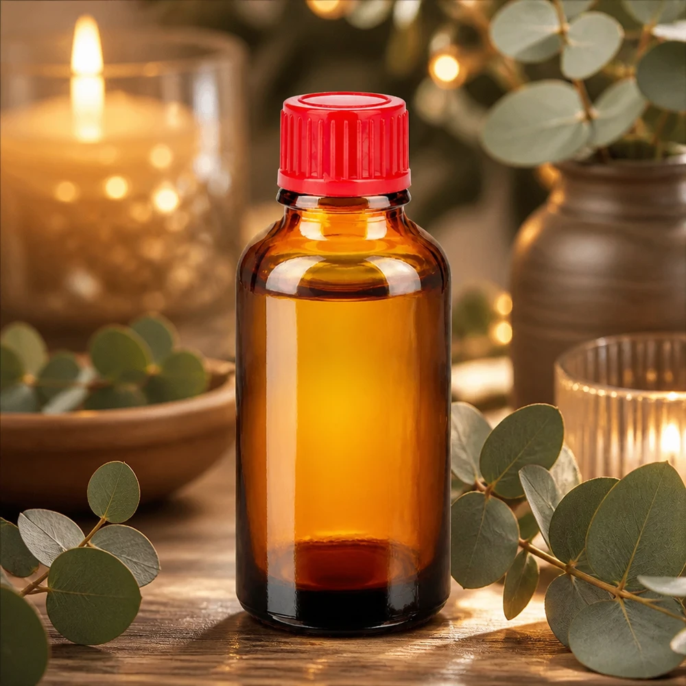 Elegante frasco de vidrio de 30 ml de color ámbar con tapón rojo brillante para aromaterapia