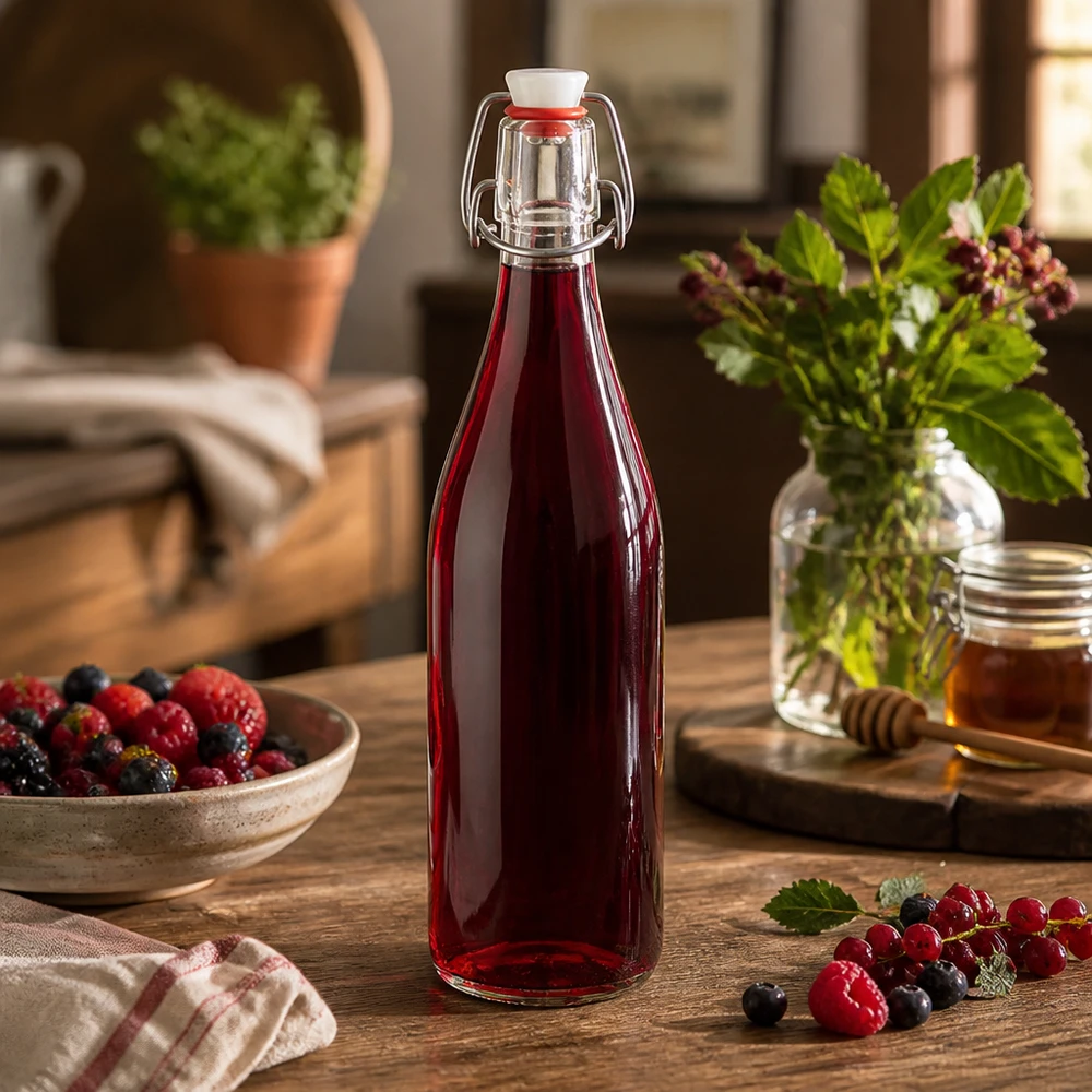 Botella de cristal de 500 ml con tapón giratorio que contiene zumo de bayas rojas sobre una mesa de madera junto a bayas frescas y miel en la cocina