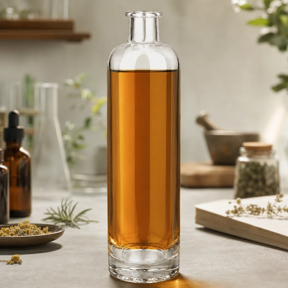 Botella de cristal de 500 ml Ella UNiTWIST llena de té de manzanilla rodeada de hierbas y productos naturales Escena de estilo de vida