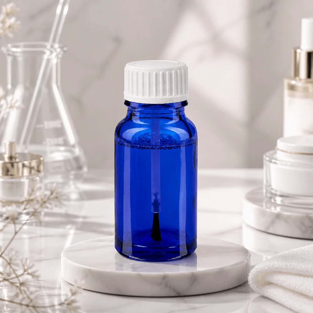 Frasco de vidrio azul de 10 ml con tapón blanco para laboratorio e industria cosmética