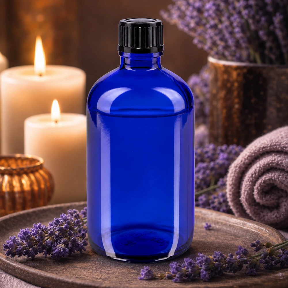 Elegante frasco cuentagotas de 100 ml, fabricado en vidrio de farmacia azul cobalto, con un dosificador preciso de 1 mm