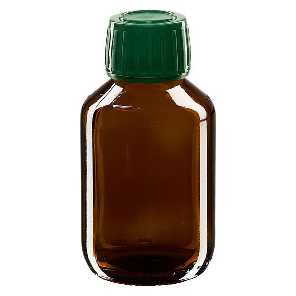 Frasco medicamento 100ml marrón, tapón verde con precinto de seguridad ApoGlas Frasco medicamento 100ml marrón, tapón verde con precinto de seguridad ApoGlas
