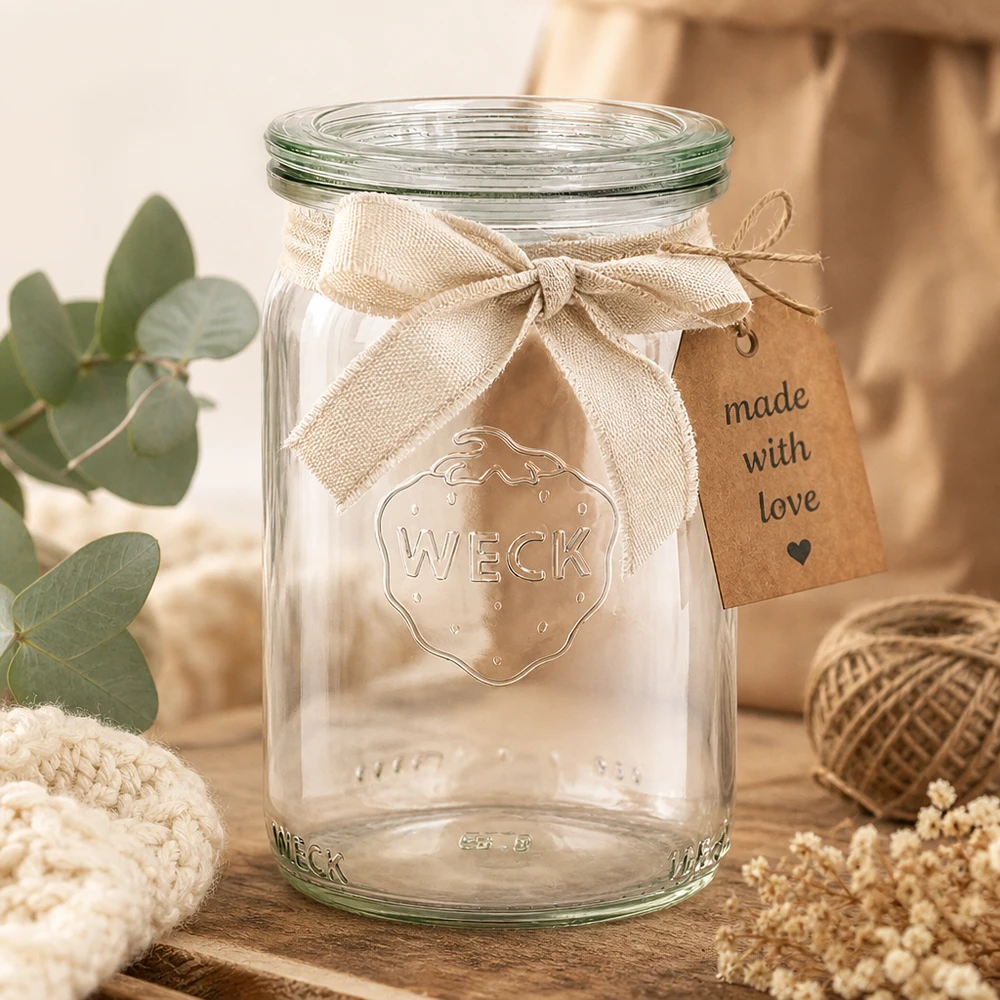 Tarro cilíndrico RR40 de 145 ml de WECK decorado con cinta de yute y colgante Made with Love en un ambiente acogedor