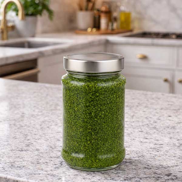 Tarro redondo de cristal de 390ml con tapa BasicSeal plata deep UT