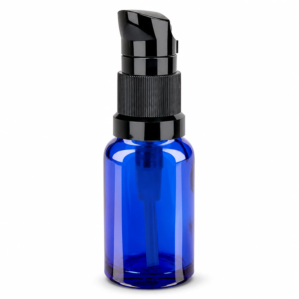 Frasco bomba 10ml negro tapón estándar BlueLine UT18/10 Frasco bomba negro de 10 ml con práctico dosificador para sueros y aceites BlueLine UT18/10