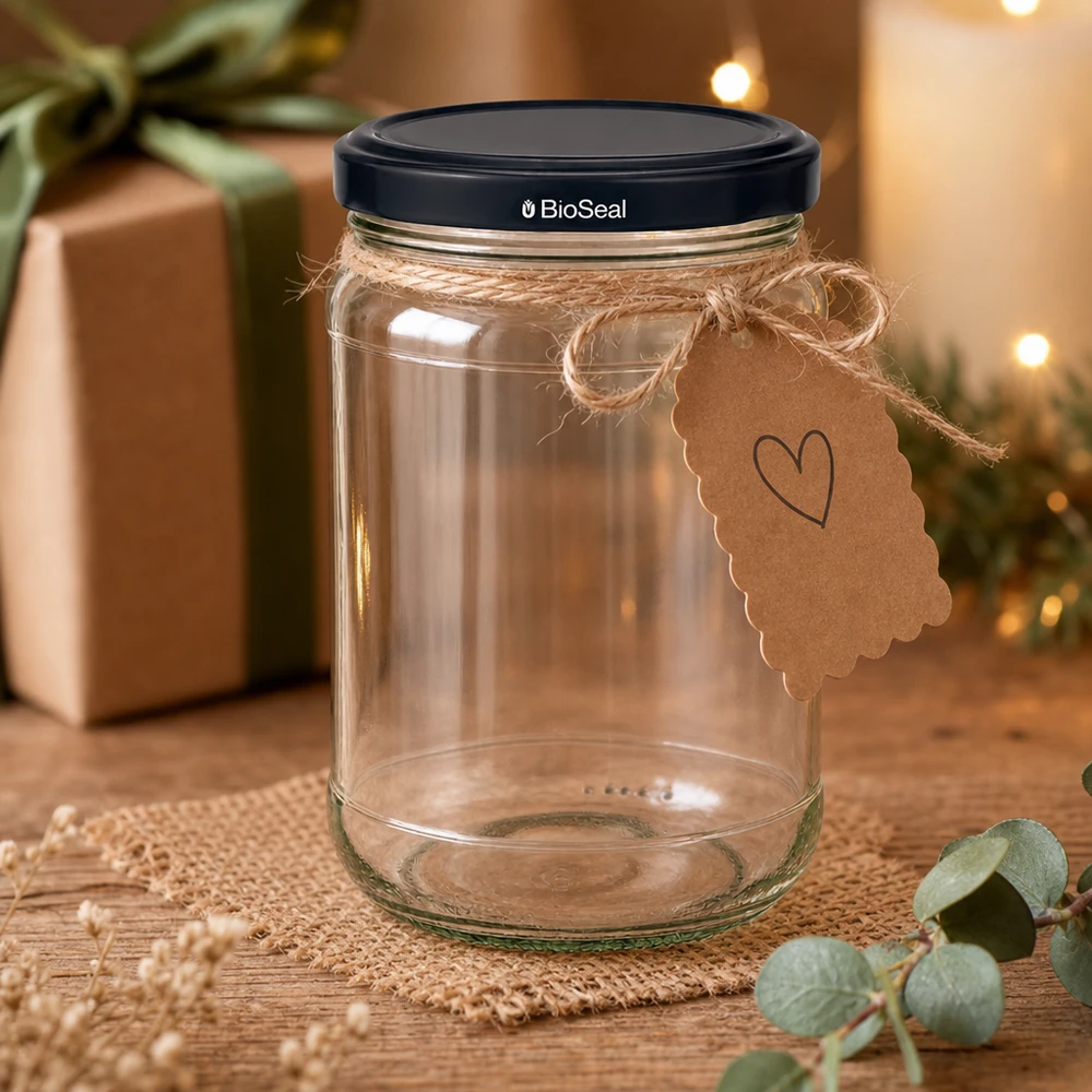 Tarro redondo de 305 ml + tapa BioSeal negra UNiTWIST Tarro de conserva decorativo UNiTWIST Runda305 con etiqueta de regalo y tapa negra BioSeal en un ambiente acogedor