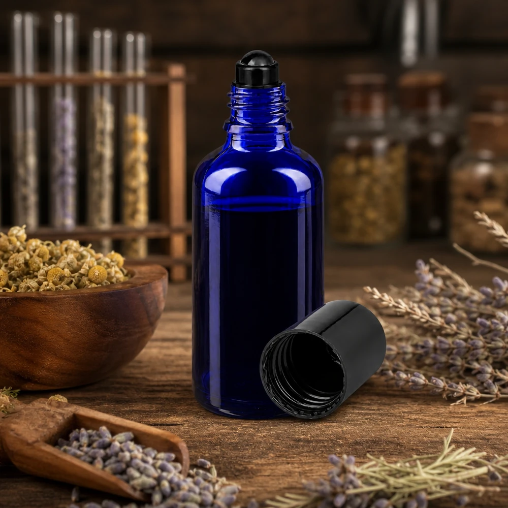 Botella de farmacia azul 50ml tapón roll-on negro Frasco roll-on de 50 ml de color azul cobalto con aplicador de bola negro, rodeado de hierbas secas y lavanda