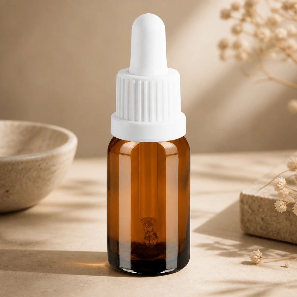 Frasco de vidrio ámbar de 10 ml con pipeta blanca OV BrownLine para aplicaciones profesionales