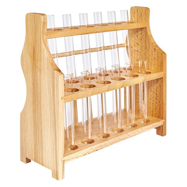 Reagenzglasgest. aus Holz mit 12 Reagenzgl. Kalk-Soda 100x12 Reagenzglasgest. aus Holz mit 12 Reagenzgl. Kalk-Soda 100x12