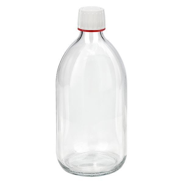 Frasco para medicamentos de 500 ml transparente, tapa blanca con anillo de seguridad rojo ApoGlas Frasco para medicamentos de 500 ml transparente, tapa blanca con anillo de seguridad rojo ApoGlas