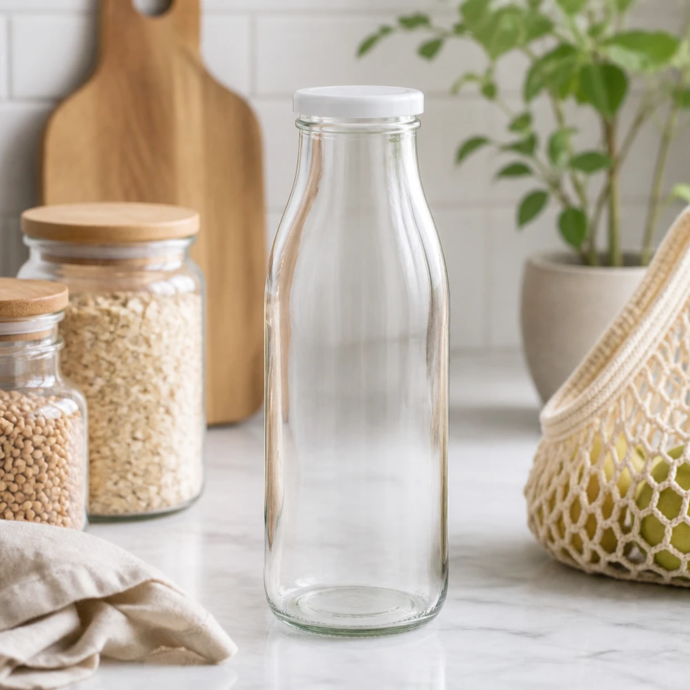 Botella de cristal de 500 ml vacía en un entorno de cocina natural con tarros de almacenamiento y plantas Toma de estilo de vida