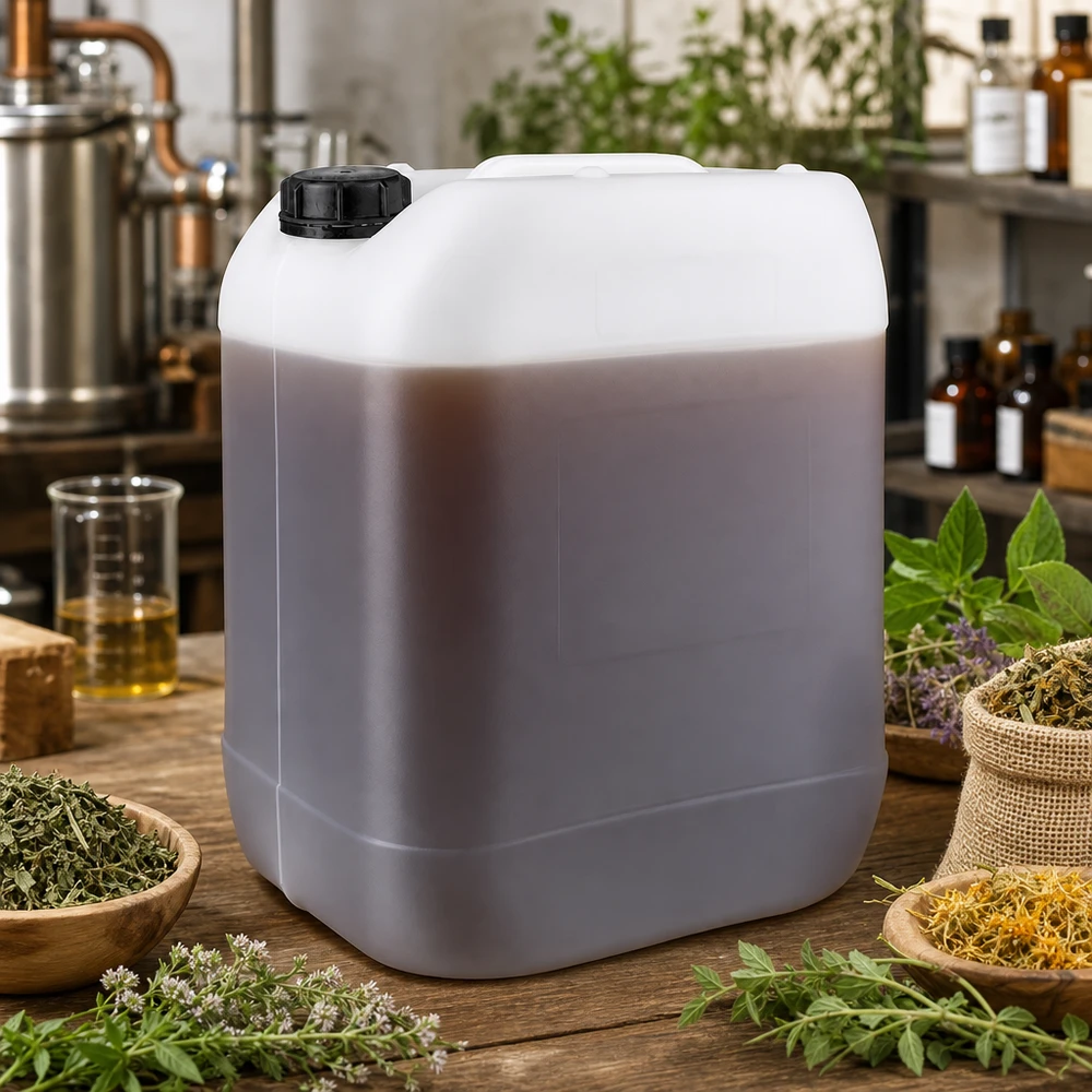 Bidón transparente de 20 litros con contenido marrón y tapón de rosca negro