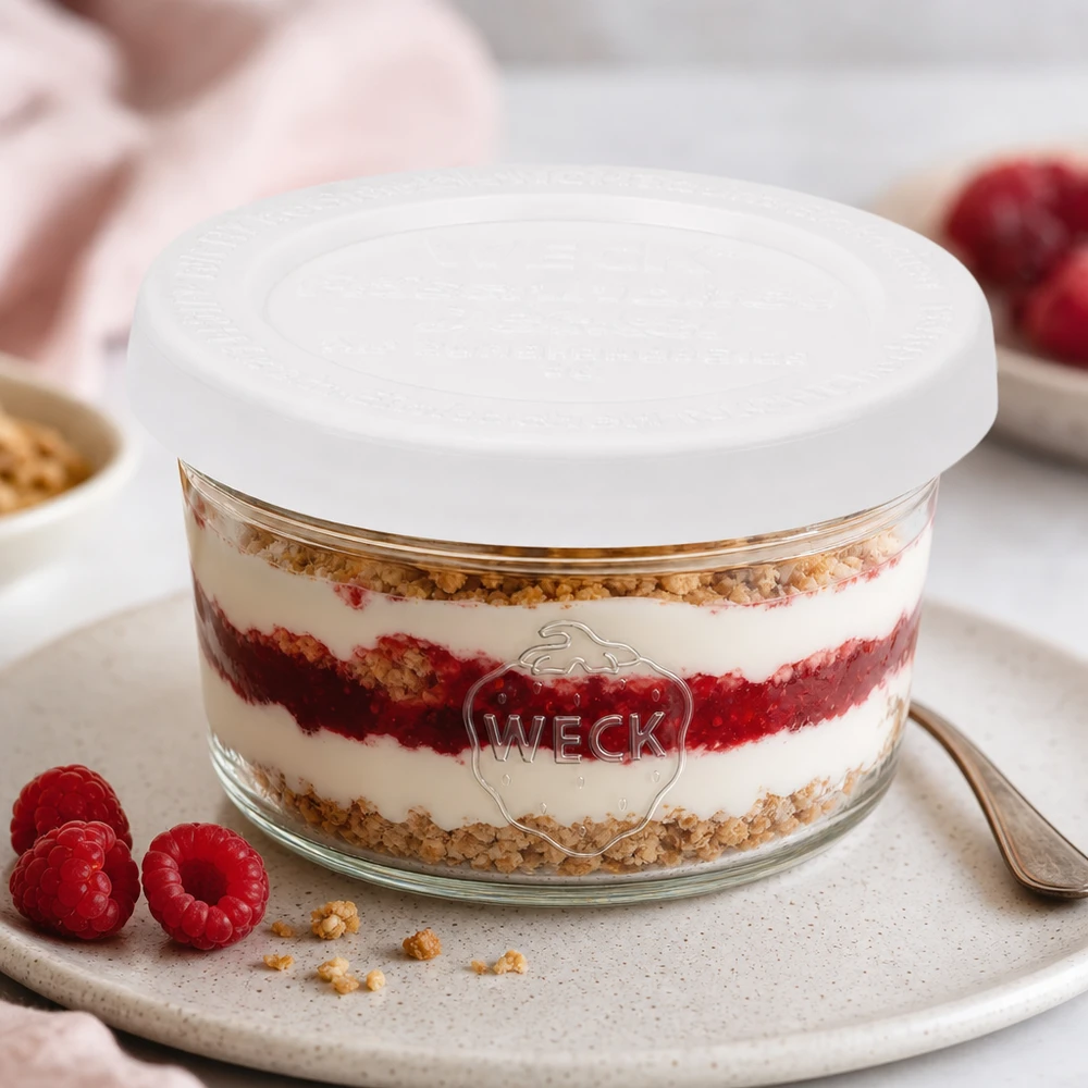 Vaso cilíndrico de 50ml con tapa de frescor WECK RR60 Vasos WECK RR60 de 50 ml con postre en capas y frambuesas como variante de postre en una bandeja de servir blanca