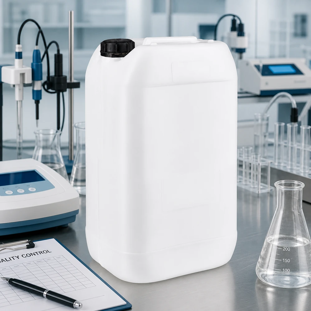 Bidón vacío de 15 litros con cierre de seguridad, en un moderno laboratorio sobre una mesa de acero inoxidable