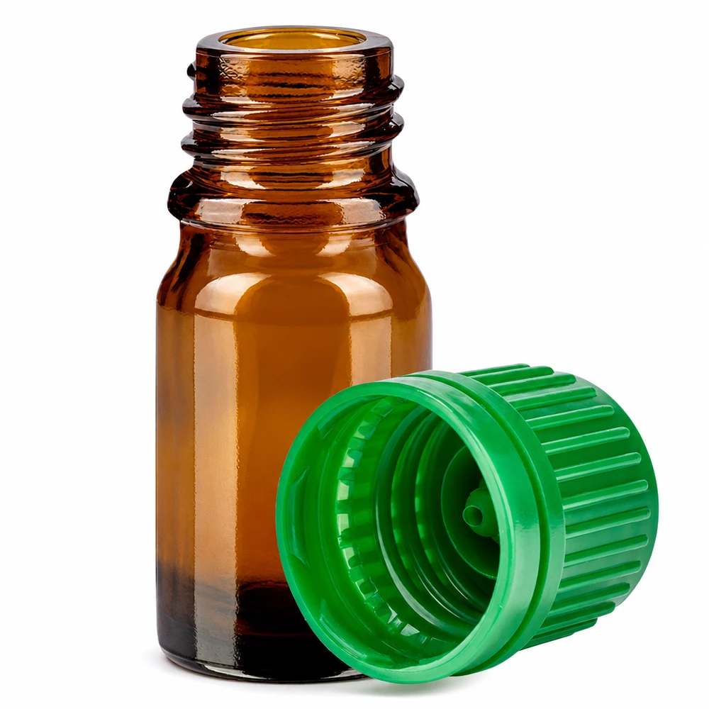 Frasco de vidrio ámbar de 5 ml con rosca de 11 mm y tapón verde para una dosificación precisa