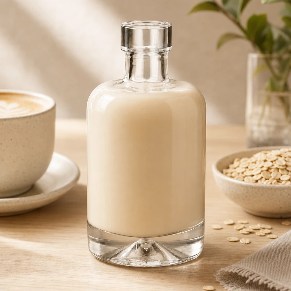 Botella de vidrio de 50 ml «50ml Glasflasche "Amelie" ohne Verschluss UNiTWIST» sin tapón UNiTWIST® Botella de cristal de 50 ml de Amelie rellena de leche de avena rodeada de copos de avena muestra el uso de la alternativa láctea vegetal