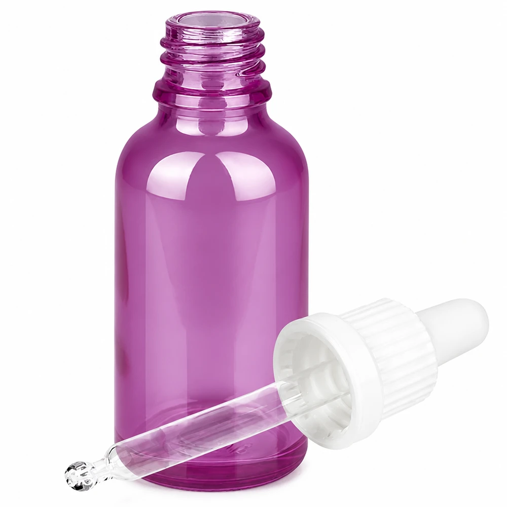 Frasco pipeta 30ml tapón rosca originalidad blanco PurpleLine UT18/30 Frasco de vidrio violeta de 30 ml con pipeta y tapón de goma blanco para aceites esenciales