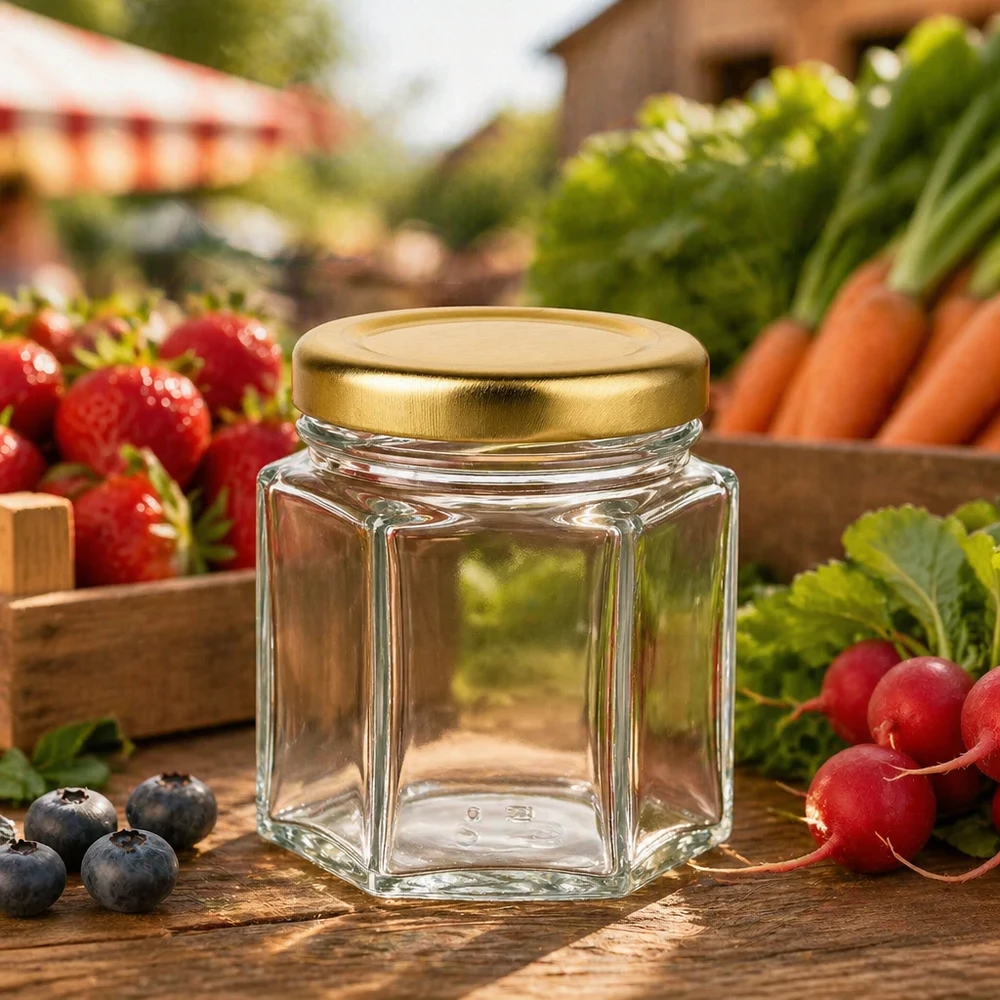 tarro de miel de 60 g hexagonal vacío sobre mesa de madera entre verduras frescas de mercado fresas zanahorias y rábanos