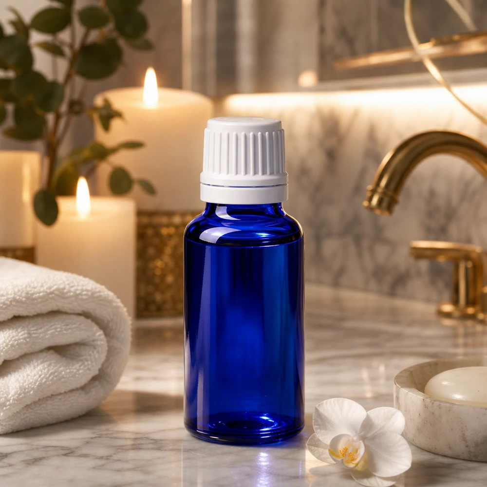 Frasco de cristal azul de 20 ml con tapón cuentagotas blanco sobre mármol, junto a velas y una orquídea