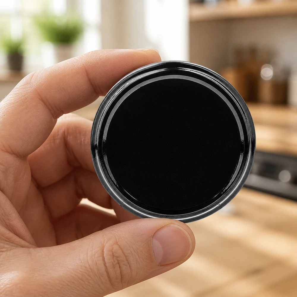 Tapa BasicSeal de 66 mm, negra, TO66 UNiTWIST, en primer plano en la cocina