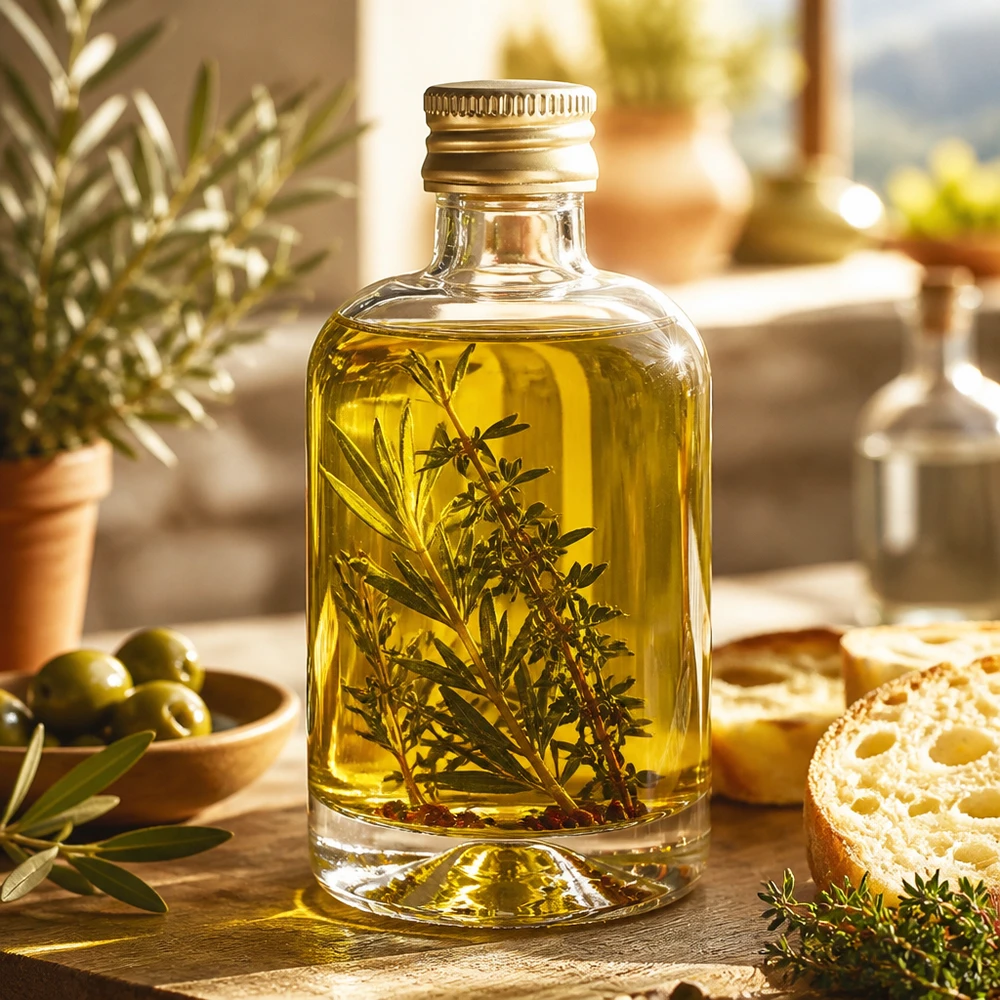 Botella de cristal Sara de 40 ml con aceite de hierbas y ramitas de romero - tapón dorado UNiTWIST en cocina mediterránea