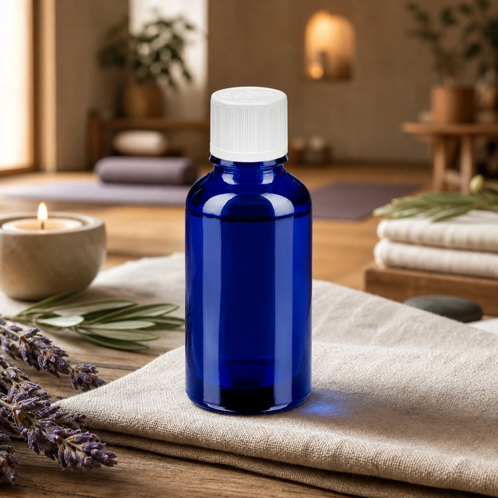 Botella 30ml 11mm tapón rosca blanco cierre inviolable BlueLine UT18/30 Frasco de vidrio compacto de 30 ml en elegante azul cobalto con tapón de rosca seguro para uso diario