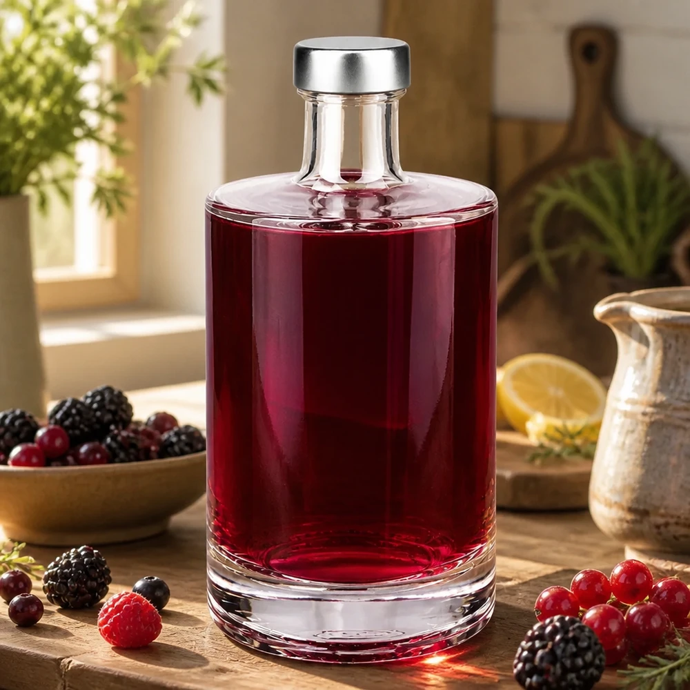 Botella de vidrio de 500 ml «Sam» y tapón de rosca plateado UNiTWIST® 500ml Glasflasche Sam mit rotem Beerenlikör gefüllt zwischen Waldbeeren und Küchenutensilien natürliches Licht