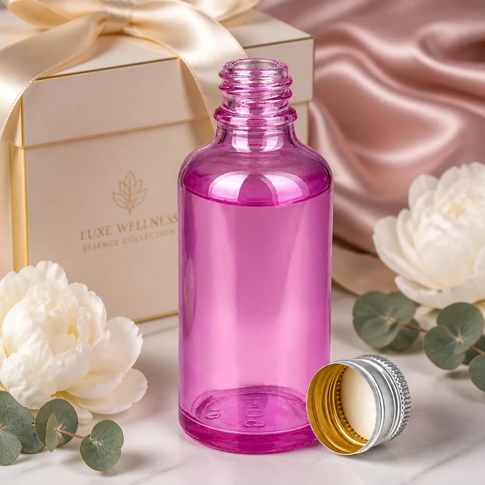 Elegante frasco de 50 ml de vidrio morado con tapa de aluminio plateado para productos de bienestar de alta calidad