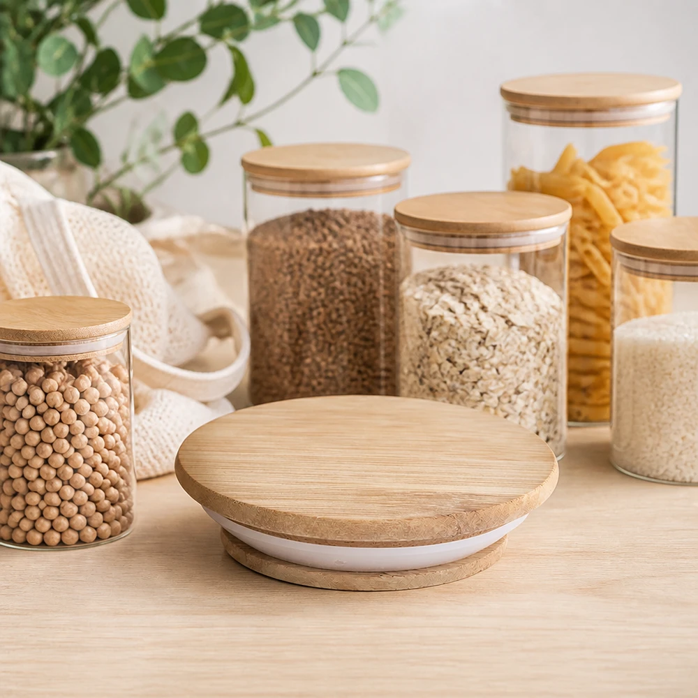 Tarros de almacenaje para cocina moderna con tapa de madera WECK RR100 versión A almacenaje cereales pasta legumbres Escandinavo