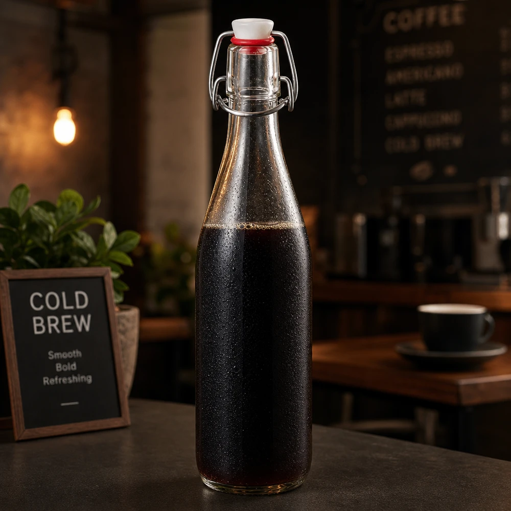 Botella de vidrio de 500ml + tapa oscilante de porcelana UNiTWIST Botella de cristal de 500 ml con tapón oscilante llena de café cold brew en ambiente de cafetería junto a tablón publicitario