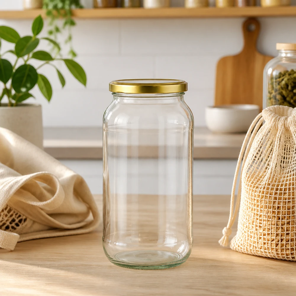 Tarro redondo de 1062 ml con tapa BasicSeal dorada sobre mesa de madera entre bolsas de malla sostenibles y accesorios de cocina