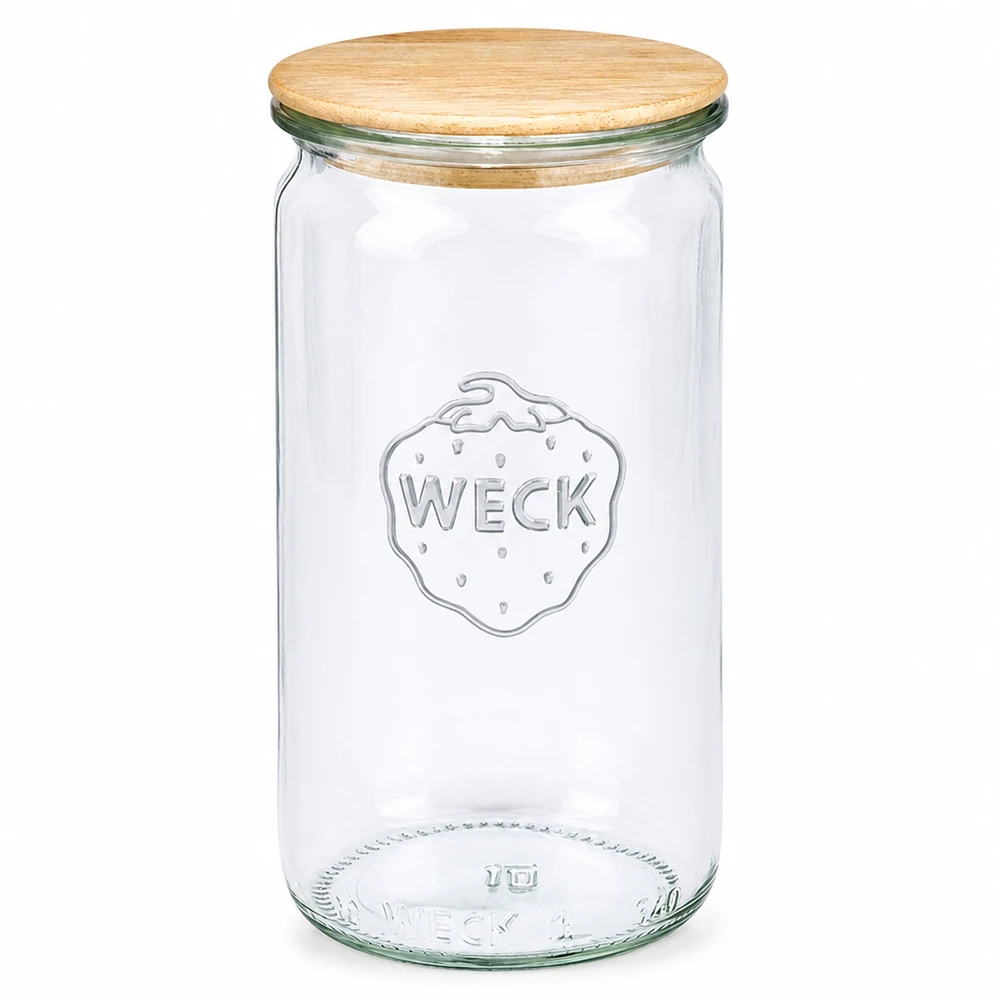 Tarro cilíndrico de 340 ml WECK RR60 con tapa de madera WECK tarro cilíndrico 340ml RR60 con tapa de madera Tarro transparente de cristal con tapa de madera natural