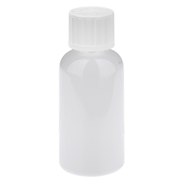Frasco de 30 ml con tapón de rosca de 11 mm blanco estándar con cierre de seguridad para niños WhiteLine UT18/30 Frasco de 30 ml con tapón de rosca de 11 mm blanco estándar con cierre de seguridad para niños WhiteLine UT18/30