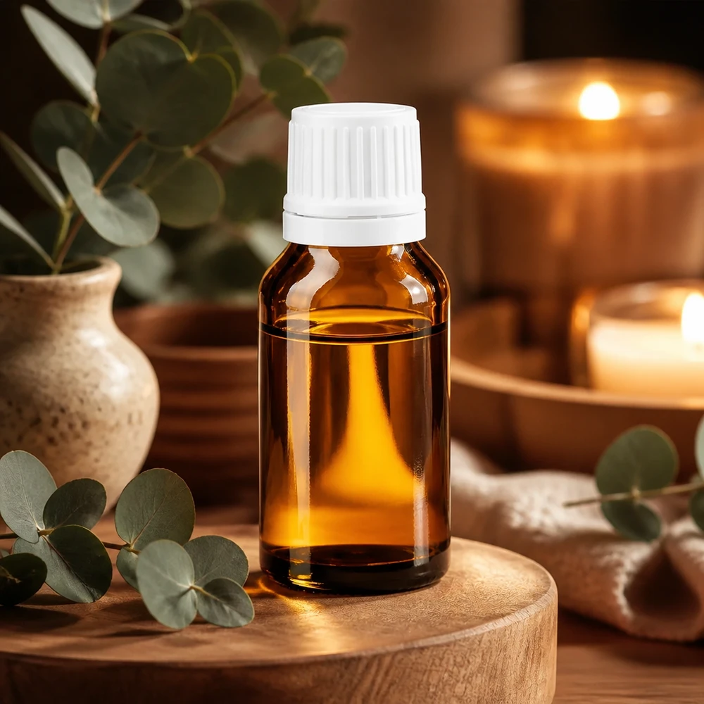 Botella de farmacia marrón 15ml tapón cuentagotas 1,2mm blanco cierre inviolable Frasco de vidrio ámbar de 15 ml con tapón cuentagotas blanco sobre una base de madera con ramitas de eucalipto