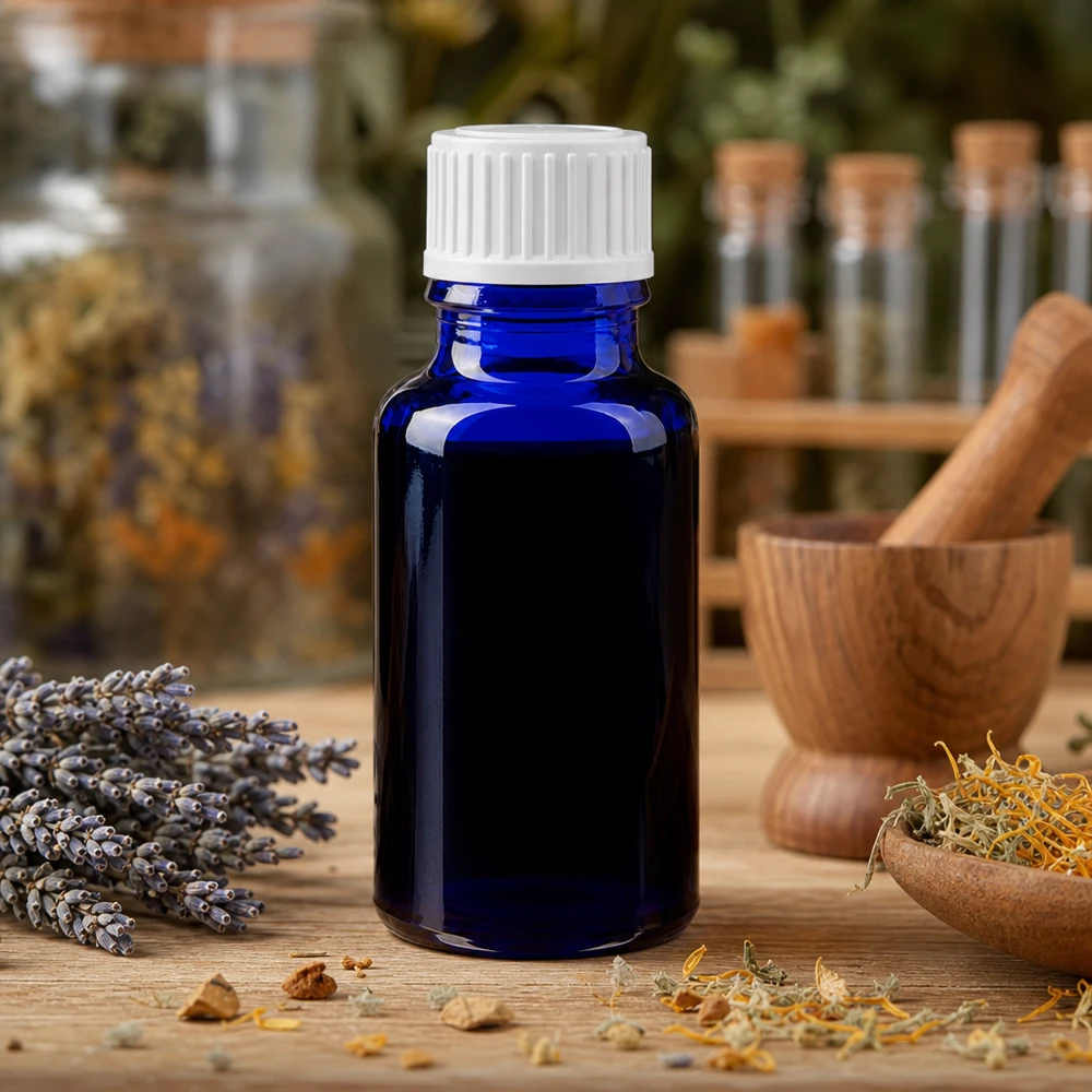 Pequeño frasco azul de farmacia de 20 ml con tapón de rosca blanco, junto a un mortero y unas hierbas