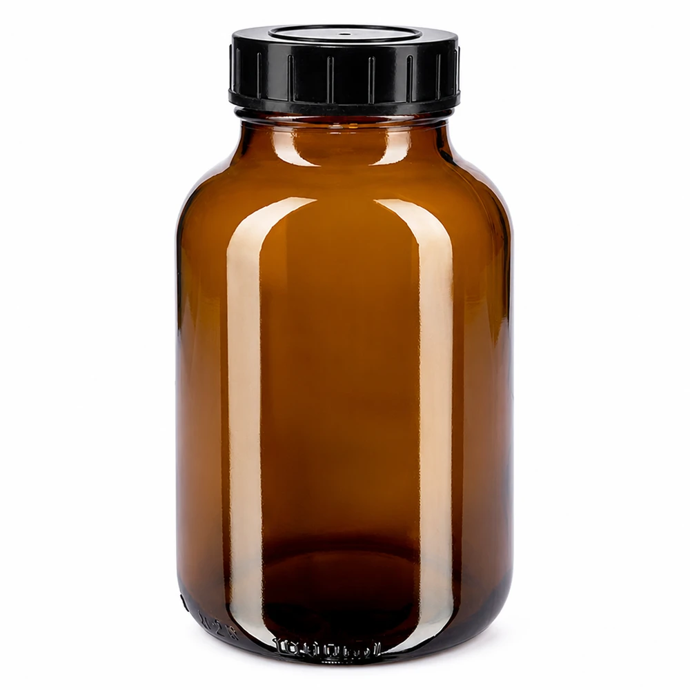 1000ml botella de cuello ancho de vidrio ámbar con tapón de rosca Botella de cuello ancho de 1000 ml de vidrio ámbar con tapón de rosca negro para guardarla