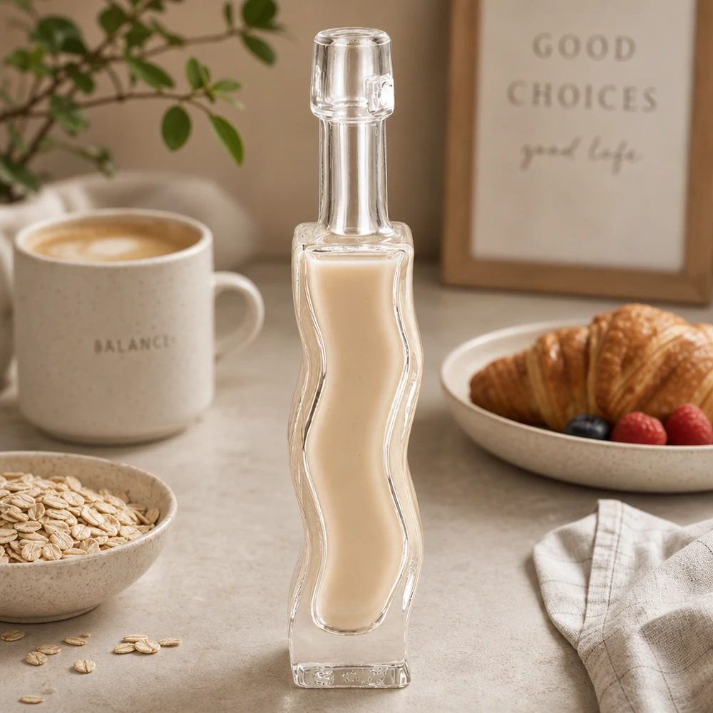 Botella de vidrio de 40 ml «Fila» sin tapón UNiTWIST® 40ml Glasflasche Anna mit cremigem Hafermilch-Getränk befüllt Frühstückstisch-Szenerie vegane Milchalternative Lifestyle