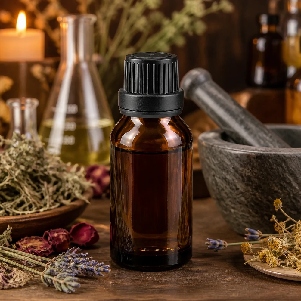 Aceite esencial en un frasco de farmacia marrón de 15 ml con tapón de rosca, entre hierbas secas y un mortero