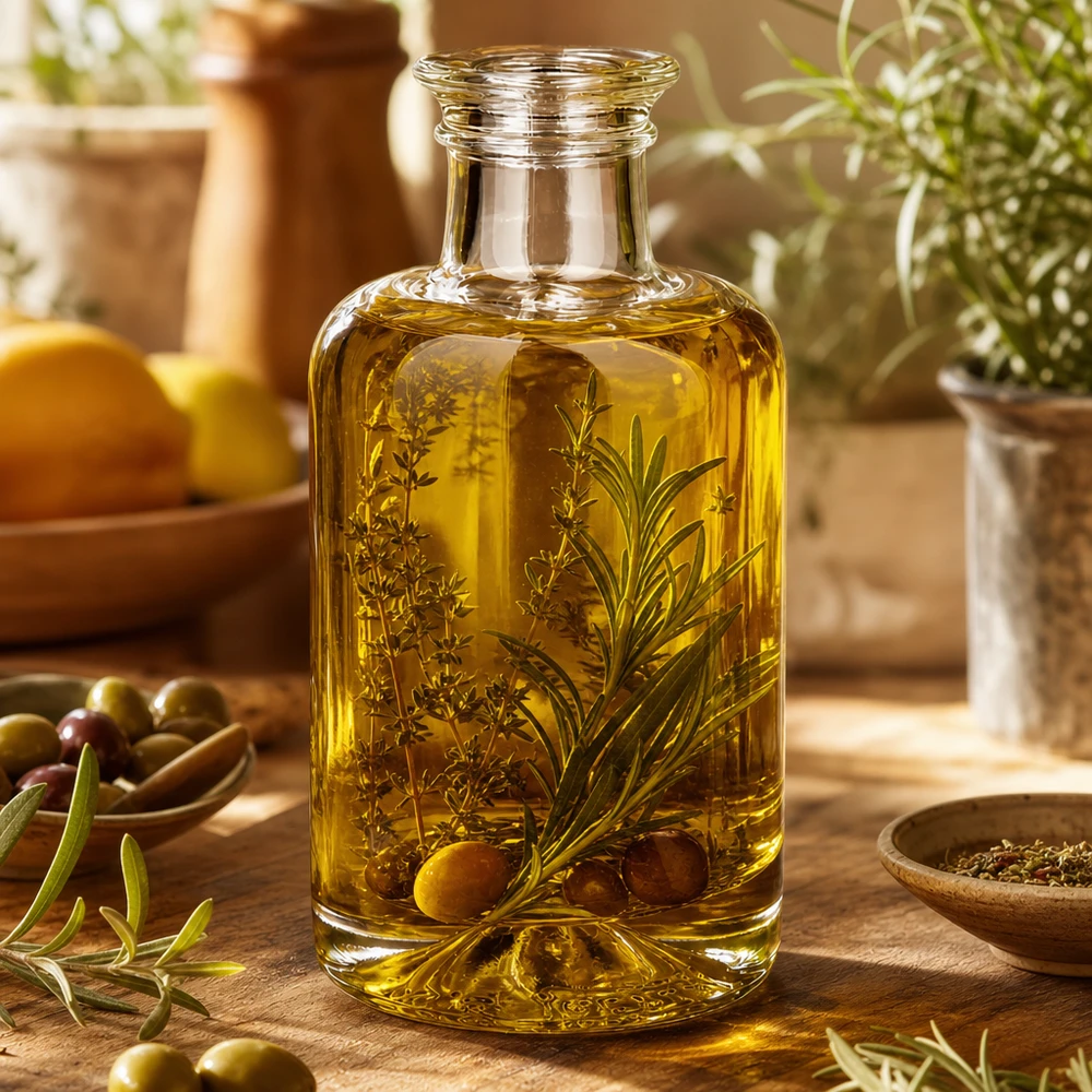 Botella de cristal de 100 ml de Sofía rellena de aceite de hierbas decorativamente dispuesta con aceitunas y hierbas frescas sobre una mesa de madera
