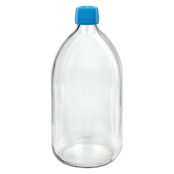 Frasco medicamento 1000ml transparente, tapón azul con precinto de seguridad ApoGlas Frasco medicamento 1000ml transparente, tapón azul con precinto de seguridad ApoGlas