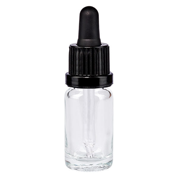 Frasco pipeta 10ml negro cierre inviolable ClearLine UT18/10 Frasco con pipeta de 10 ml de vidrio transparente con tapón cuentagotas negro ClearLine UT18/10