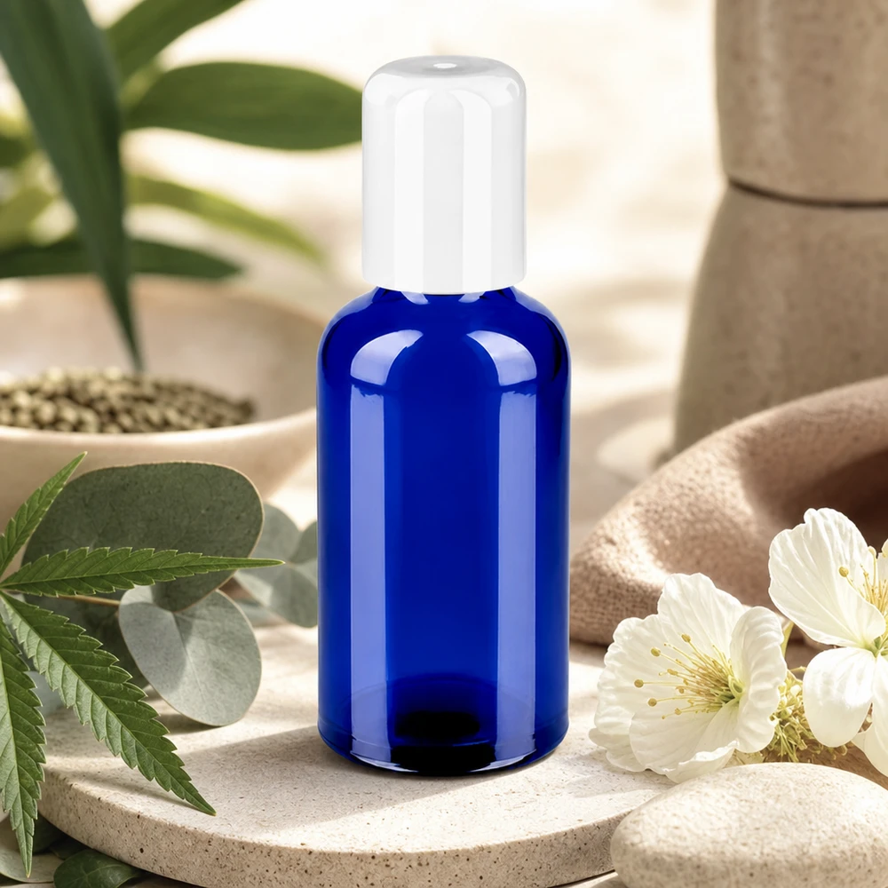 Frasco de vidrio azul cobalto de 50 ml con tapón roll-on blanco para cosmética DIY y cosmética natural