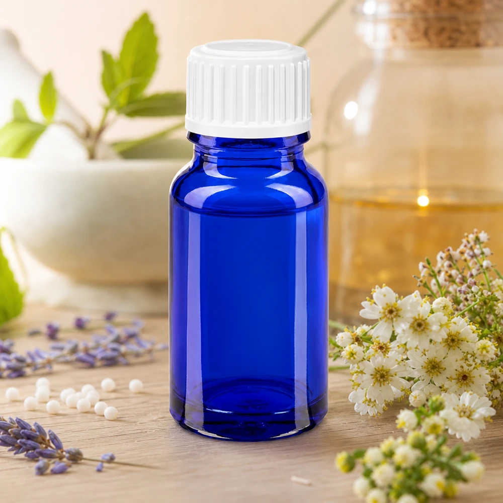 Botella de farmacia azul 10ml tapón de rosca blanco glóbulos estándar Frasco de cristal azul de 10 ml para homeopatía con tapón blanco, junto a lavanda y hierbas medicinales
