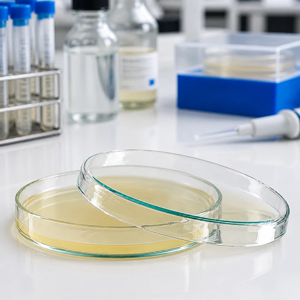 Placa de Petri de 100 x 10 mm de vidrio transparente sin borosilicato con agar de cultivo amarillo en el laboratorio