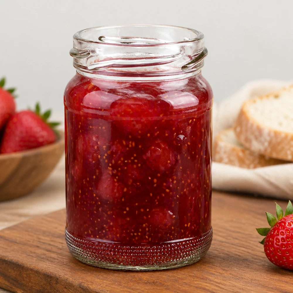 UNiTWIST Runda110 tarro redondo 110ml TO48 lleno de mermelada de fresa roja sobre una tabla de madera junto a fresas frescas
