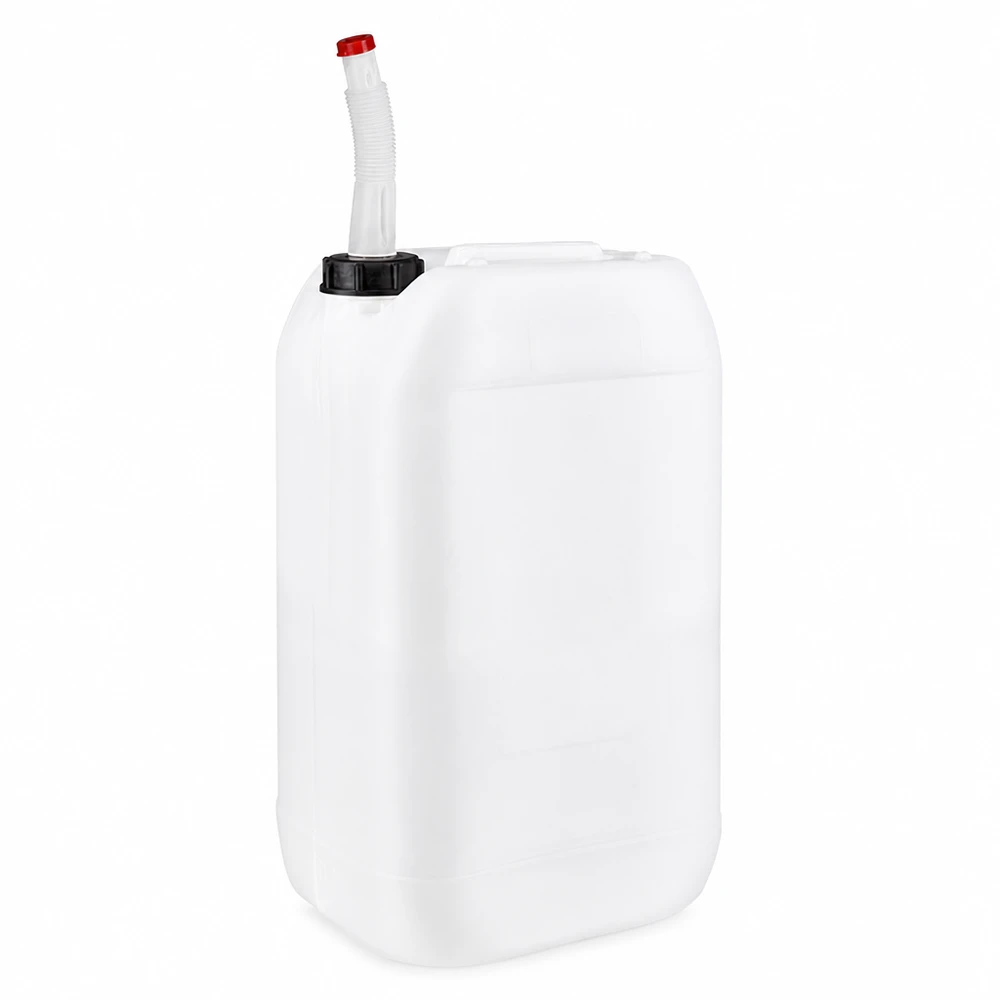 Bidón de plástico blanco de 15 litros con tubo de salida flexible y tapón rojo