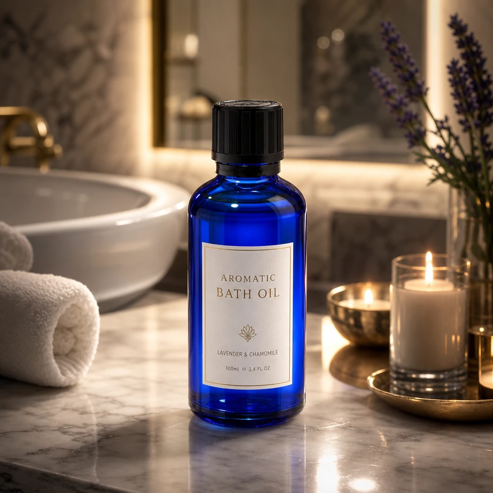 Frasco de farmacia azul de 50 ml con gotero de 1 mm sobre mármol, junto a unas velas encendidas en un baño de bienestar