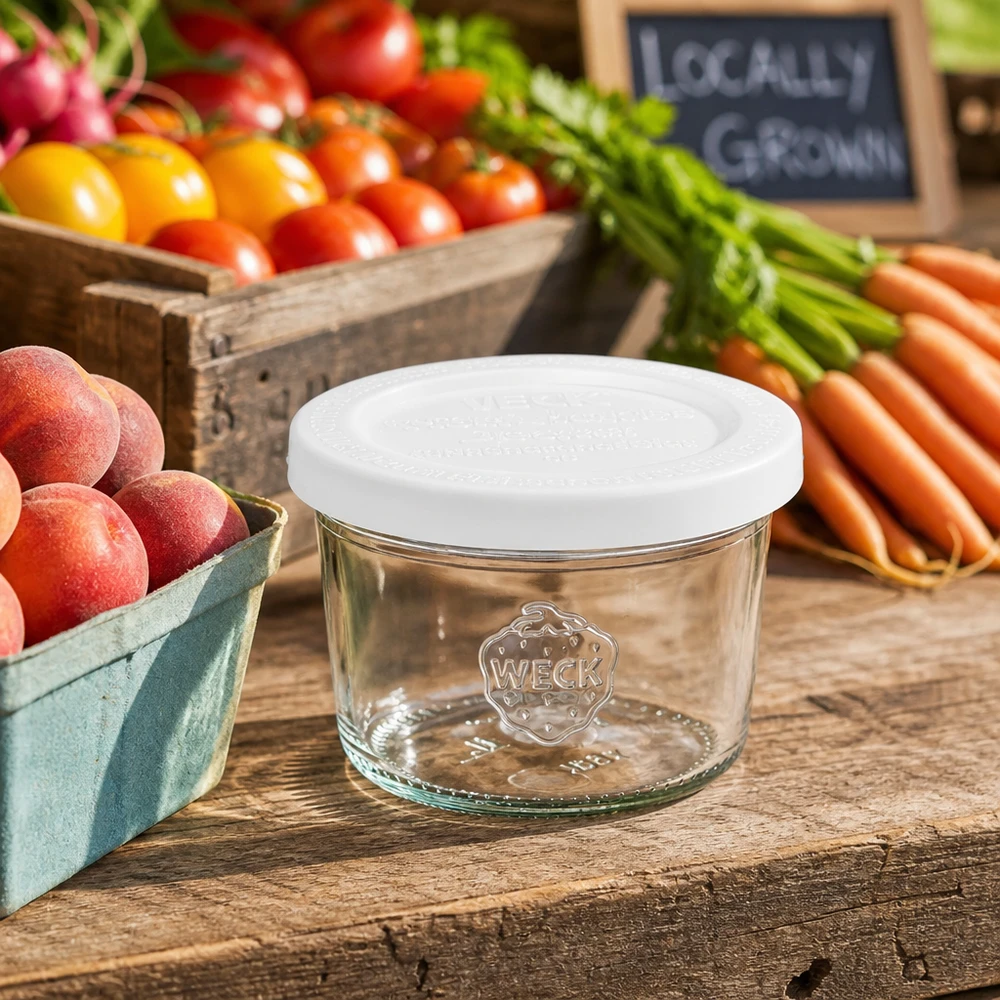 Vasos WECK RR60 de 80 ml con tapa fresca entre verduras y frutas frescas sobre una mesa de madera rústica para un almacenamiento natural.