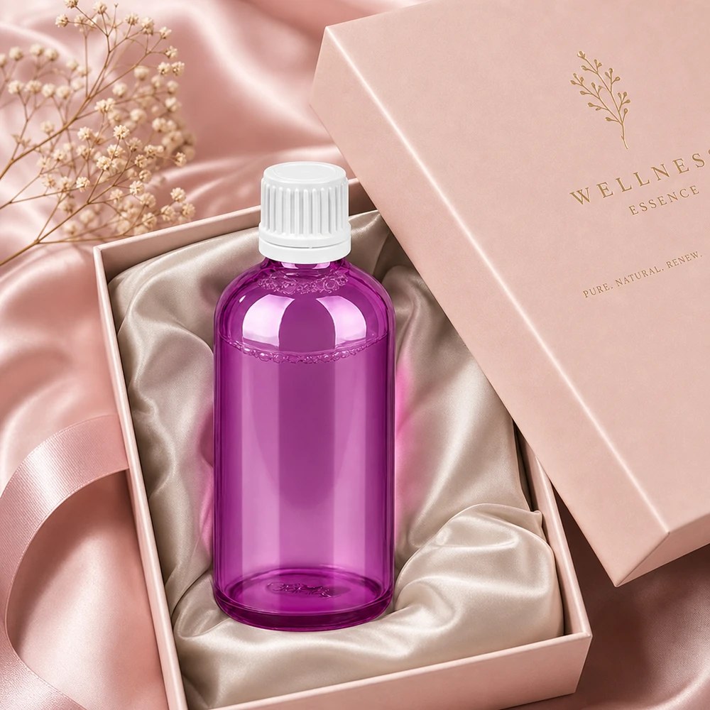 Frasco transparente de 100 ml en color morado con tapón blanco ideal para cosméticos DIY y productos naturales