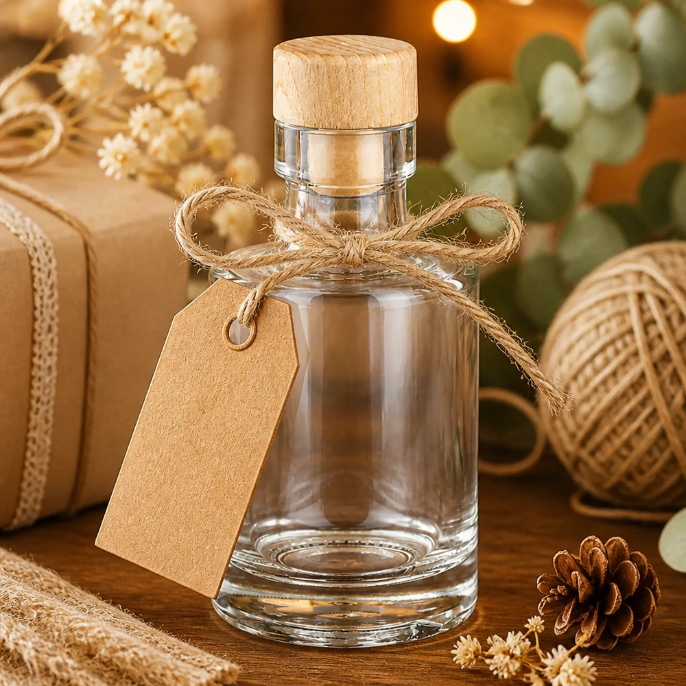 Botella de cristal Marie de 100 ml con corcho de madera, envuelta para regalo con cinta de yute y etiqueta de regalo con decoración rústica.